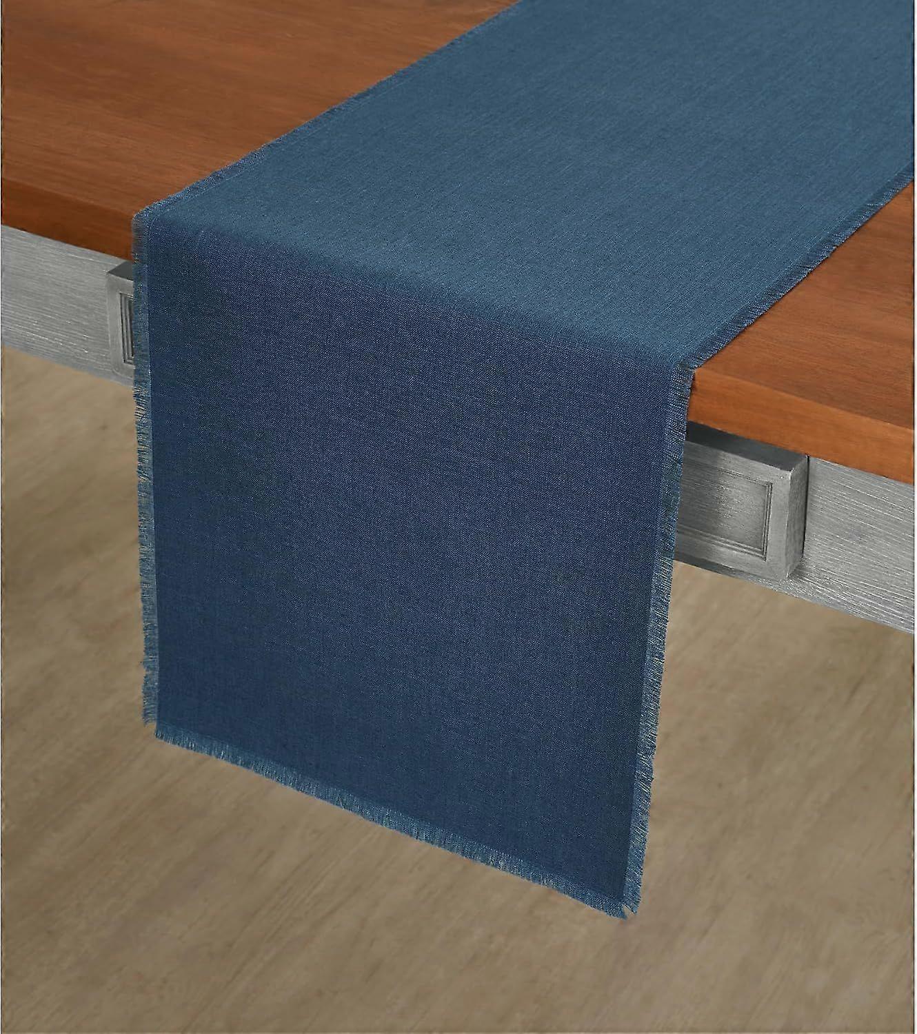 Caminho de mesa com franjas de 72 polegadas de comprimento, linho puro, azul vintage, 14 x 72 polegadas para