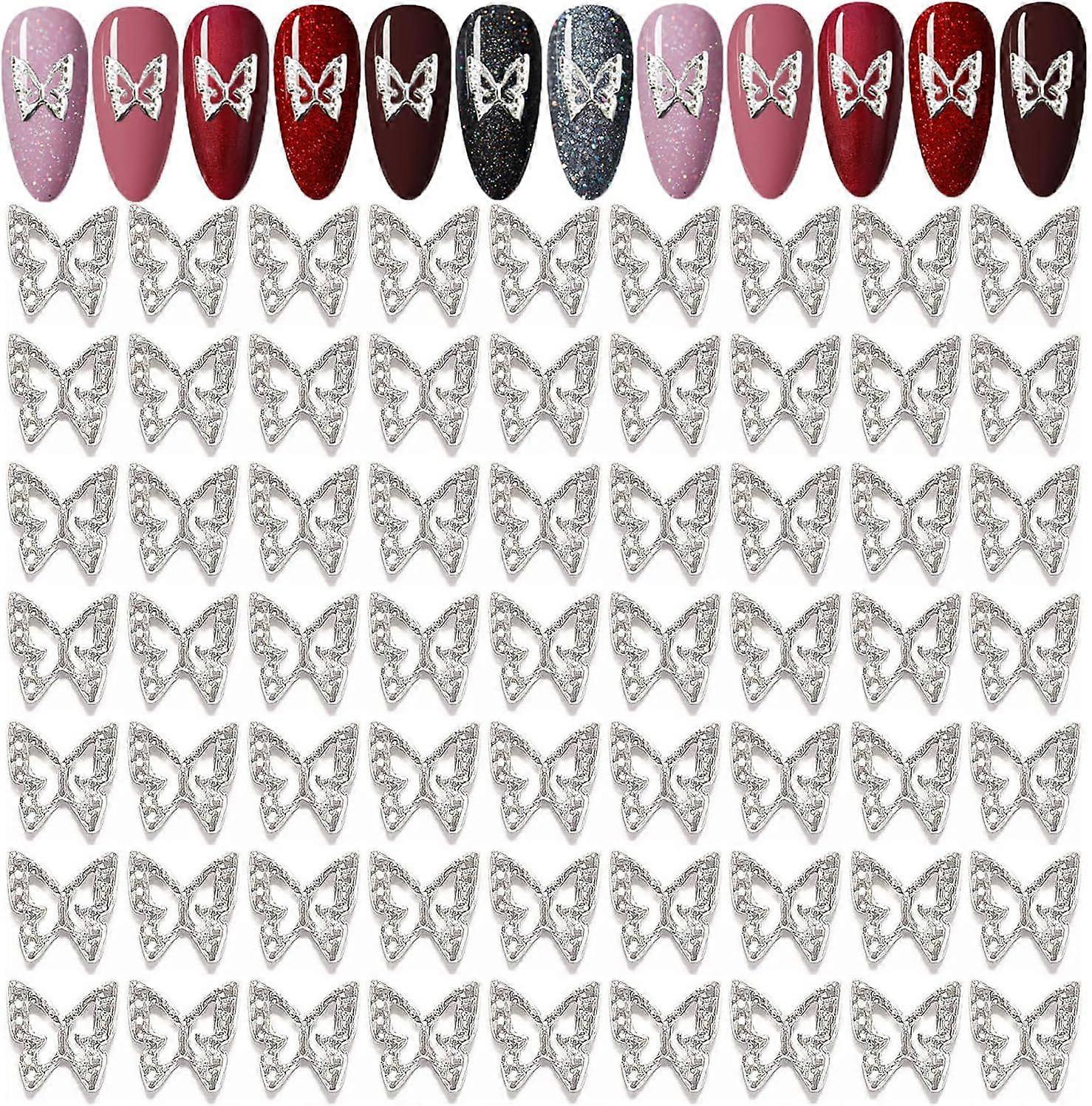 バタフライネイルチャーム100個シルバーラインストーンネイル用3Dネイルステッカー