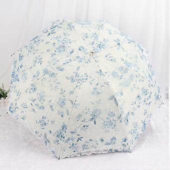 Blå Floral Blonder Folding Kompakt Paraply - UV-beskyttelse Solblomst Fancy For Kvinner Jenter, Bærbar Reise For Turgåing, Teselskap, Fotoskyting