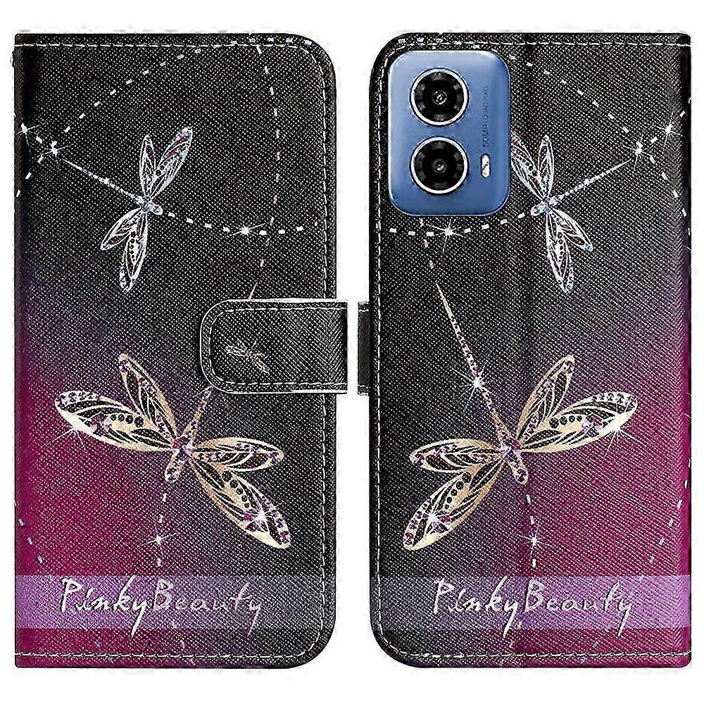 For Motorola Moto G35 5G Case Pattern Print PU Leather Wallet Phone Cover Cross Texture-Dragonfly