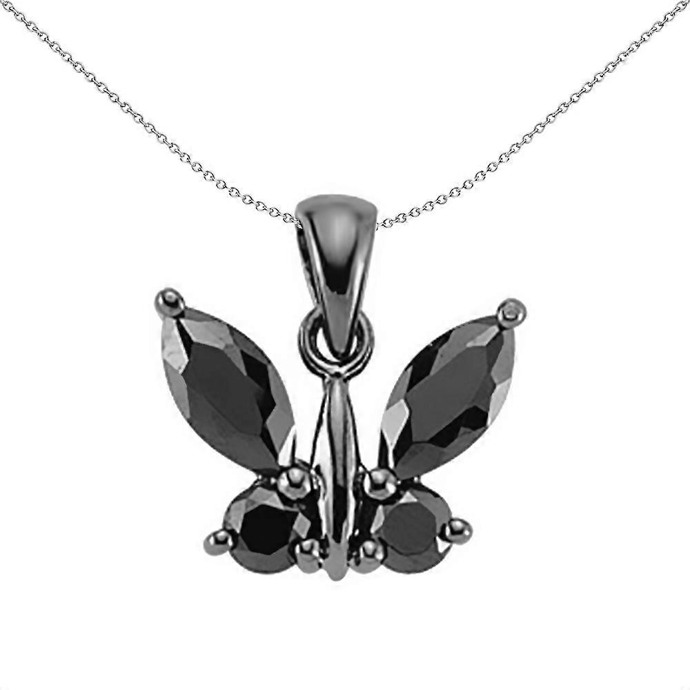 Jewelco London Ladies Sterling Silver Black Cubic Zirconia Butterfly Pendant Necklace 18 inch
