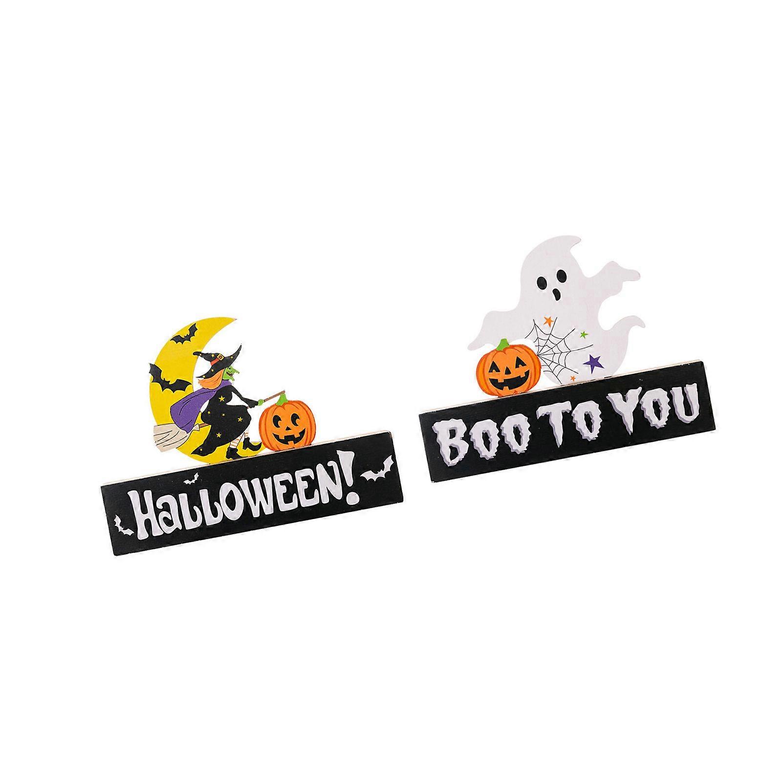Set of 2 Halloween Gnomes Witch Pumpkin Figurine Wooden Block Sign Decorations For Home Party Tiered Tray Shelf Display Multicolor