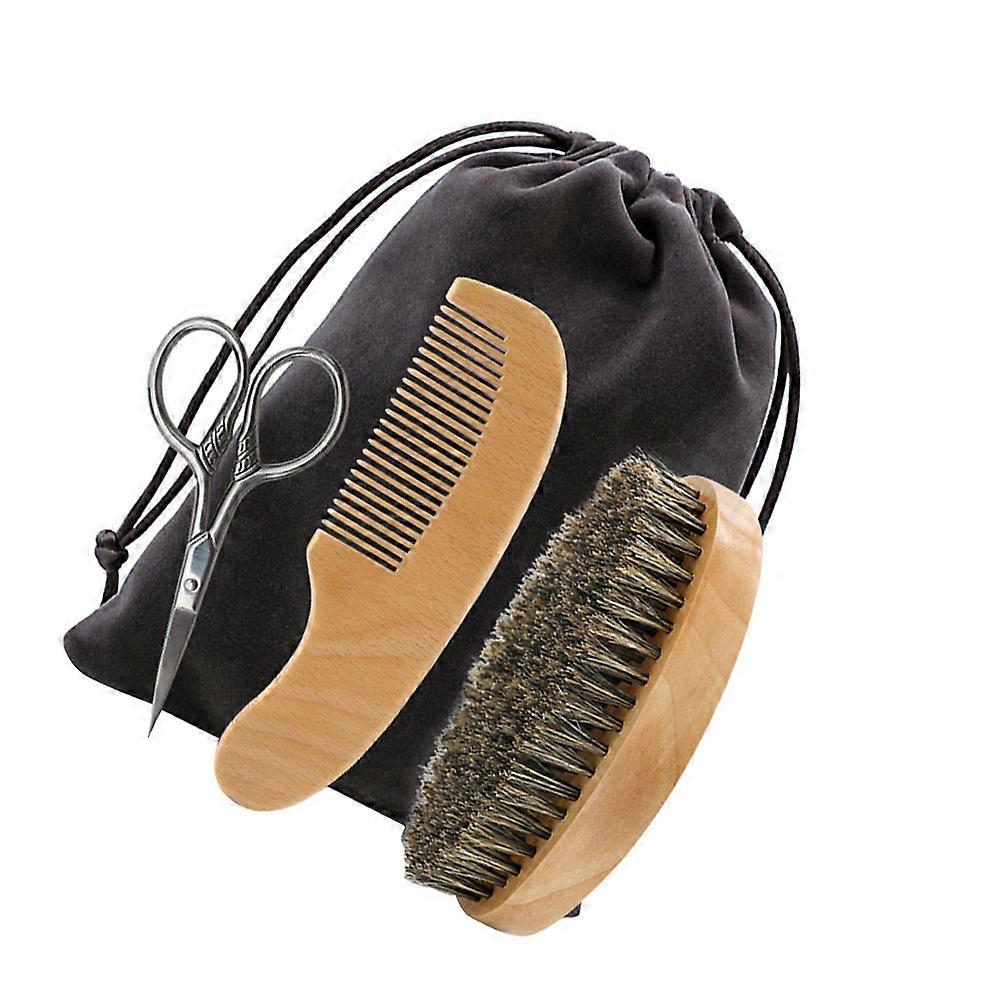 Beard Scissors Caring Shaving Tool Kit for Men 1Set with Wooden Comb Brush Set