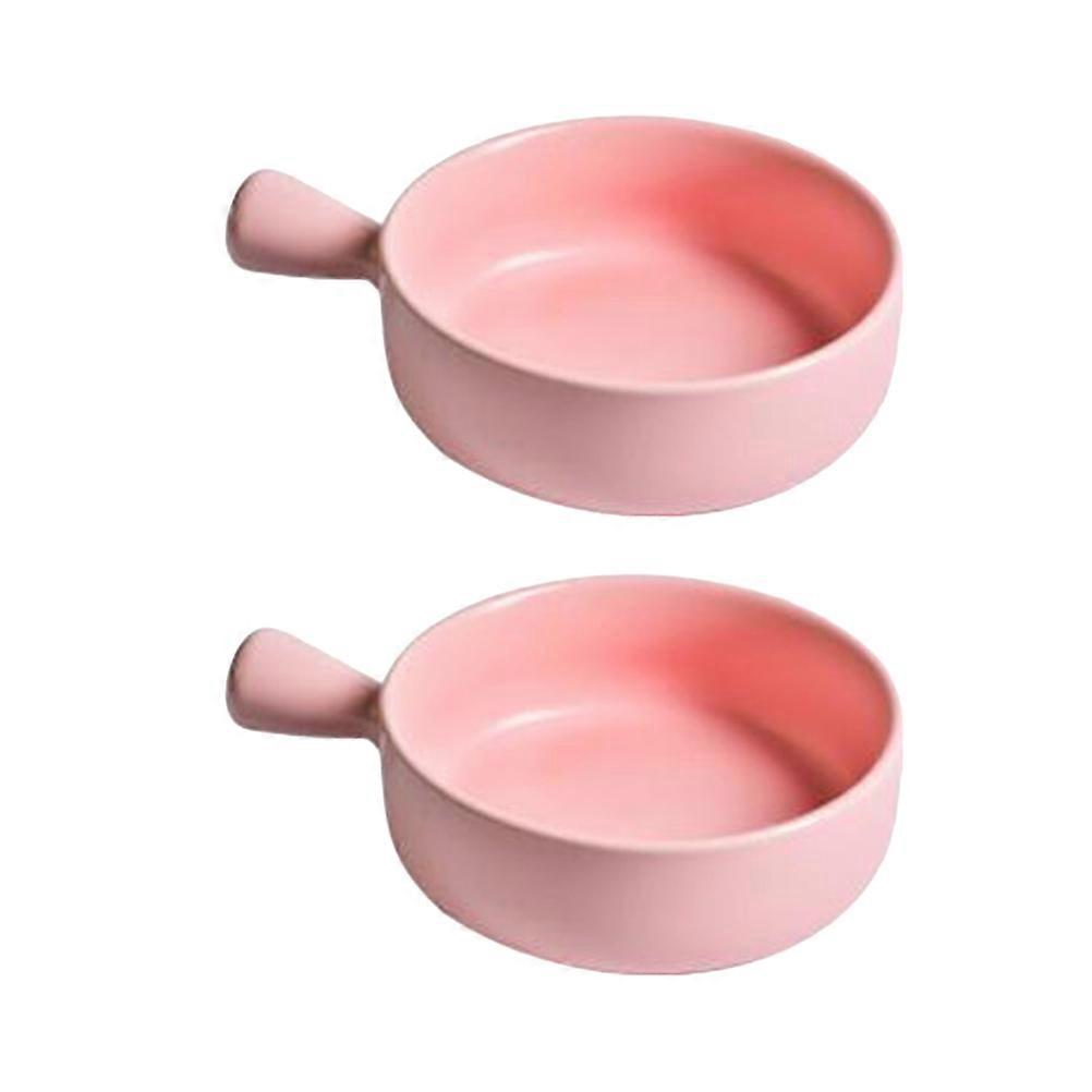Household Handle Baking Tray for Baking Use 6Pcs Round Ceramics Pink Plate
