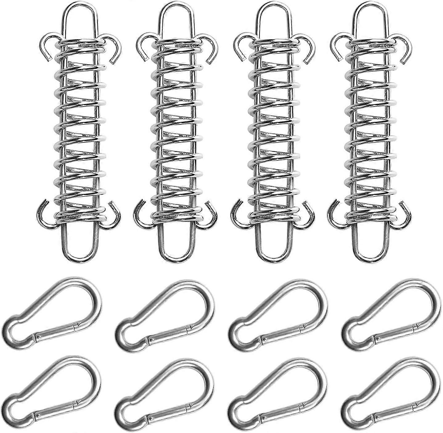 Set of 4 shade sail tension springs with 8 carabiners, stainless steel fixing accessories, tension spring rope tensioner with hooks, for solid mounti
