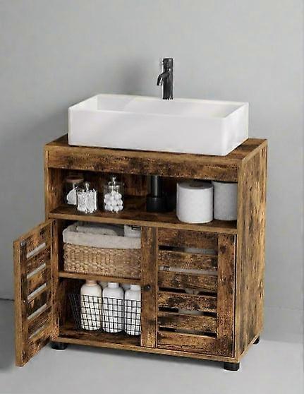 Under Sink Bathroom Cabinet, Rustic Storage Unit With Adjustable Shelf And Louvred Doors