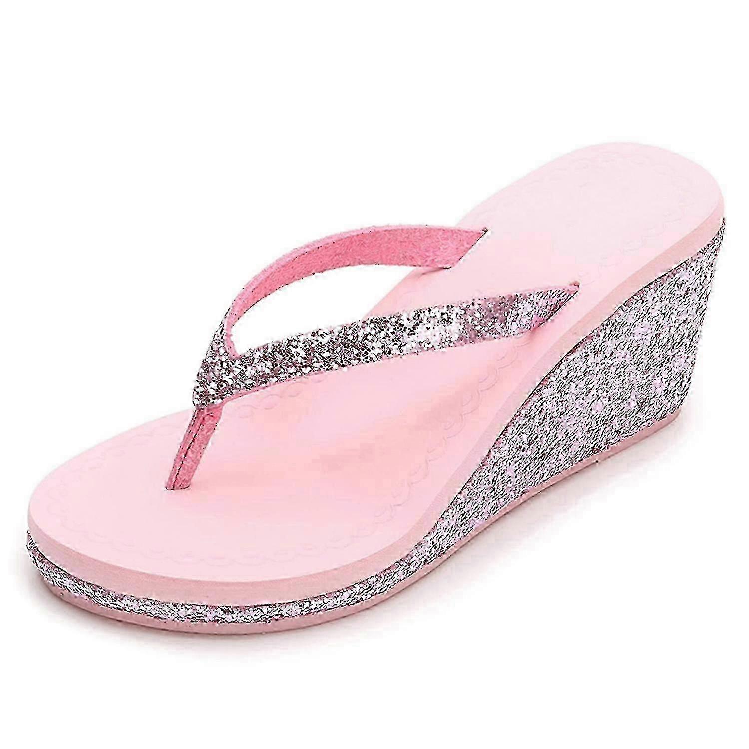 Womens Wedge Platform Flip Flop Open Toe High Heel Flipflops Non-Slip Soft Rhinestones Glitter Gem