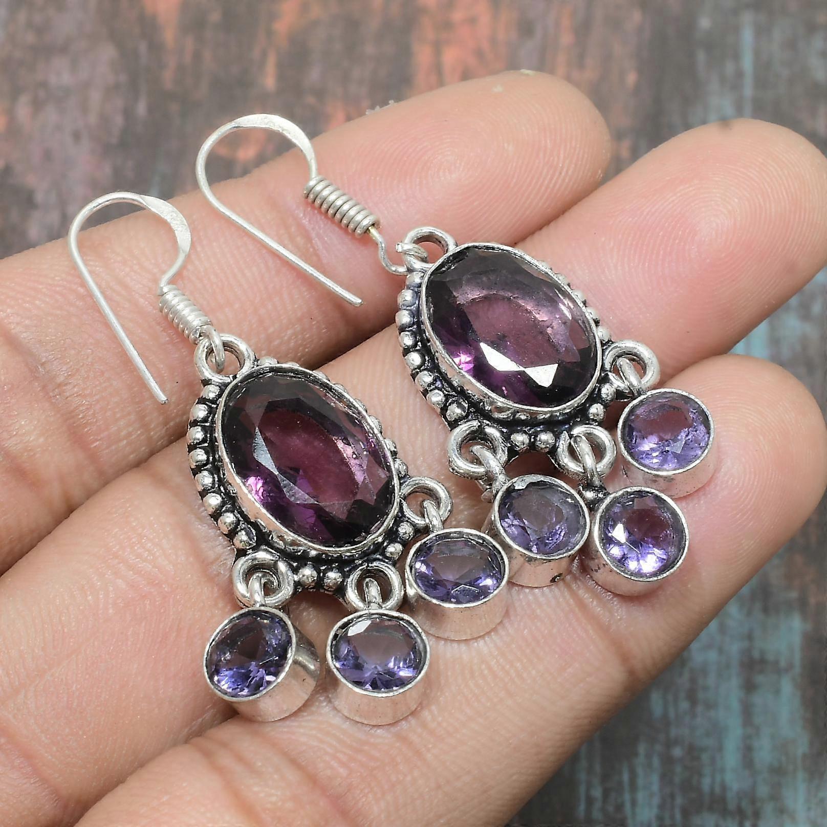 Amethyst Gemstone Handmade Solid 925 Sterling Silver Jewelry Earring For Her