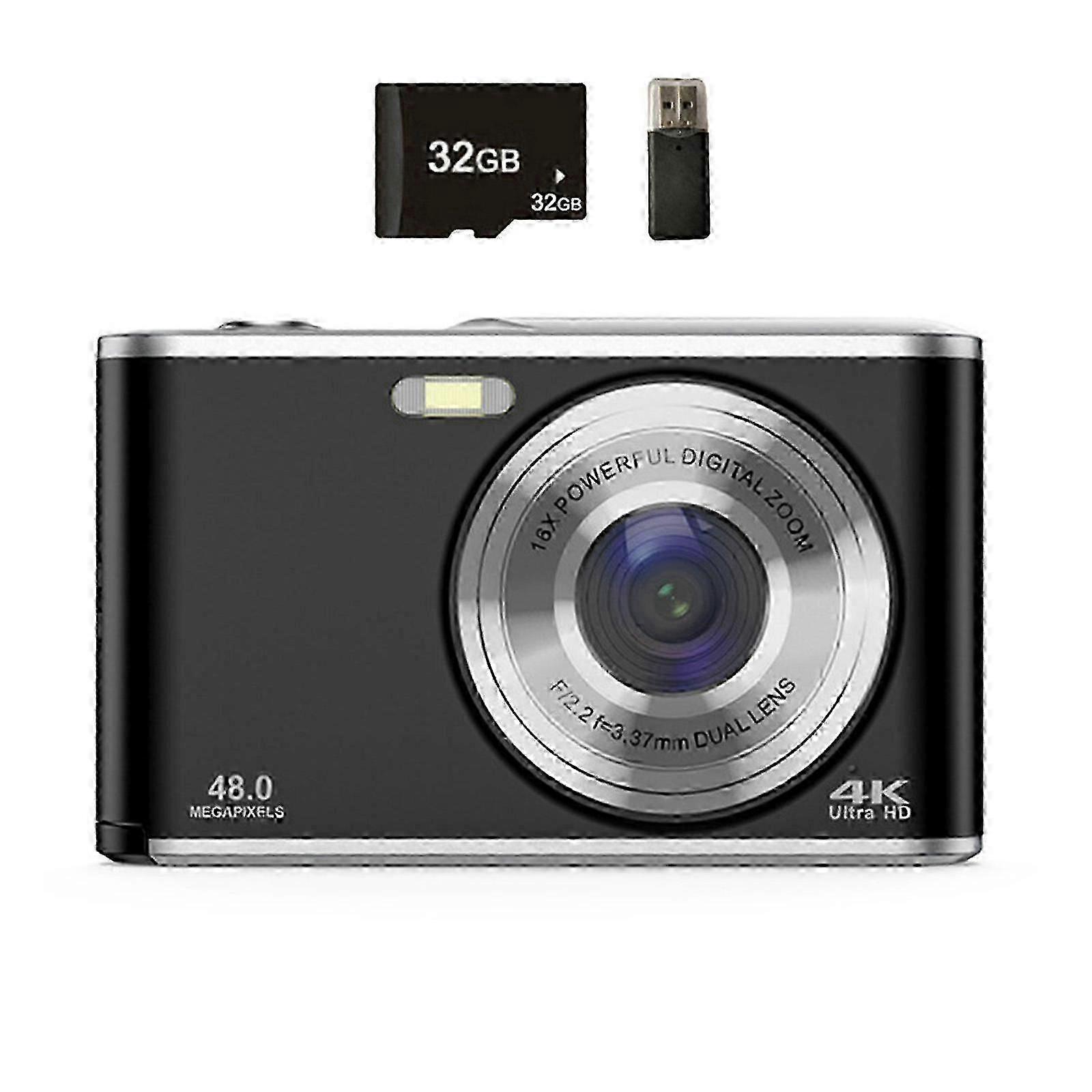 4K Digital Camera 48MP Autofocus Two Lens 16X Zoom Photo Shoot Camera with 32GB Memory Card  Black