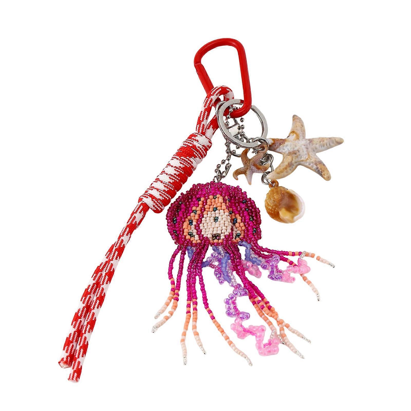 Ethnic Style Jellyfish Keychain Handcrafted Alloy Bag Charm Multi Level Bohemian Tassels For Backpack Purse Decoration  Red