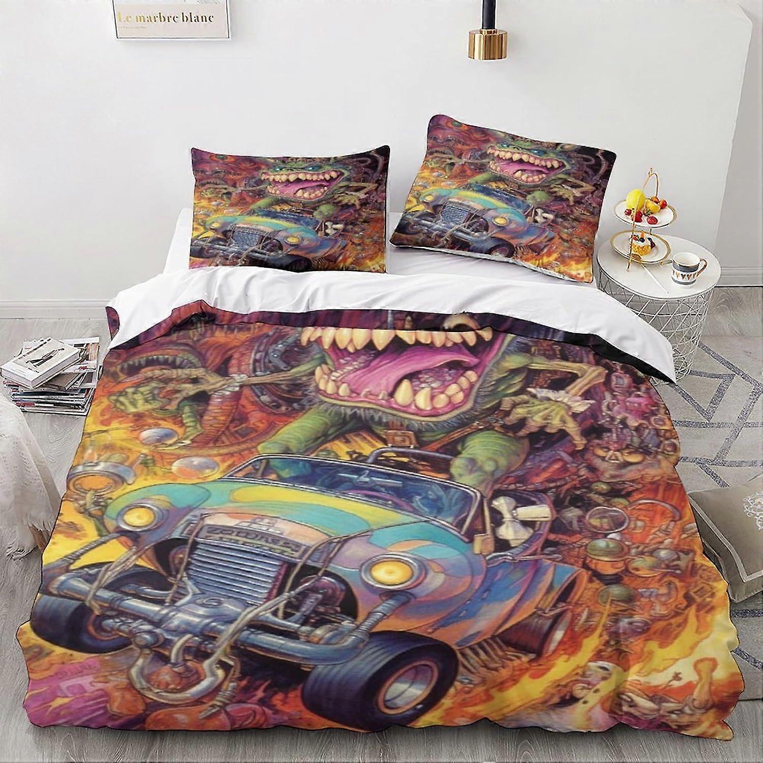LikeEj 3D impresso monstros jogo de cama para adolescentes desenhos animados padrão edredom capa com fronhas carro vintage capa de colcha de microfibra com zíper closu