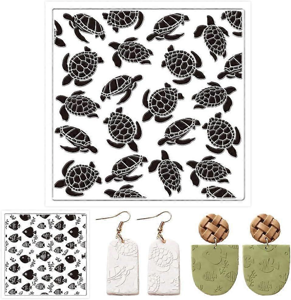 2PCS Polymer Clay Texture Sheets Silicone Texture Stamp Turtle Fish Silicone Polymer Stamp Sheet Modeling Pattern Pad for Pottery Earrings Jewelry Mak