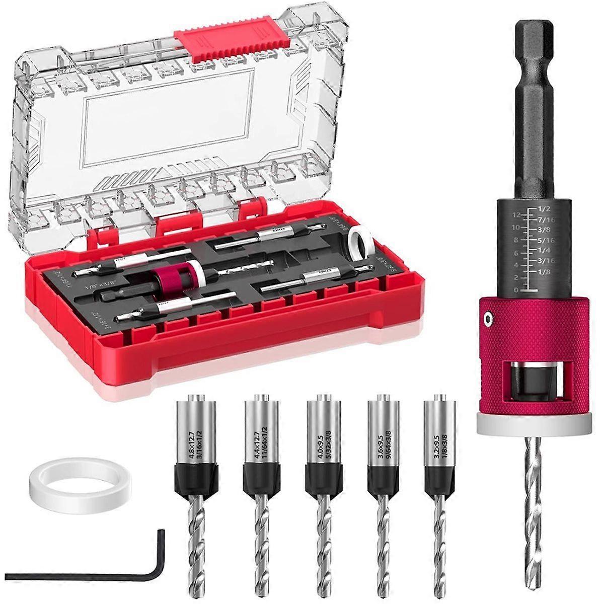 Countersink Drill Bit Set with Adjustable Depth Stop, 1/4" Hex Shank Quick Change Drilling Tool Kit,