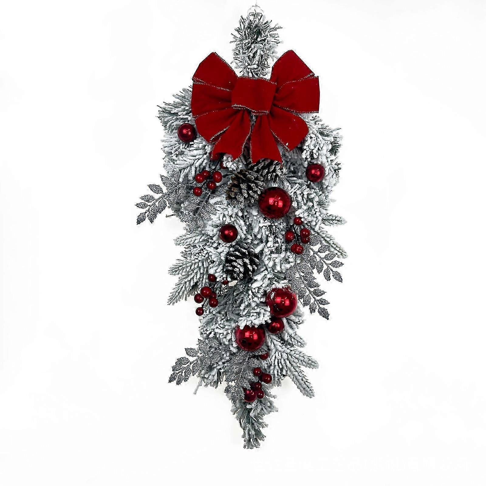 Christmas Door Wreath with Red Flocking and Rattan Pendant Design