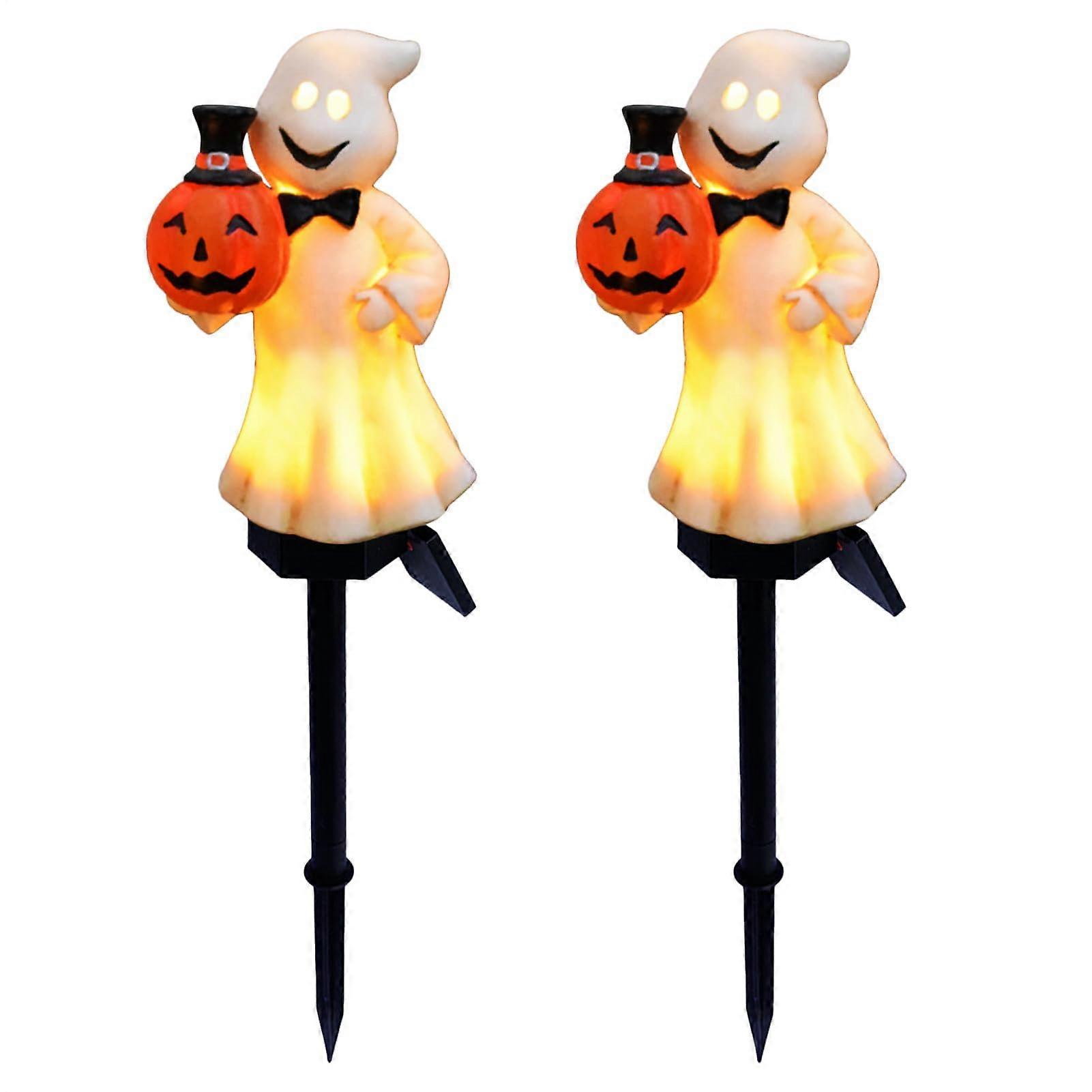 Halloween Ghost Solar Pathway Lights Waterproof Yard Decorations with 3D Pumpkin Stakes 2pcs