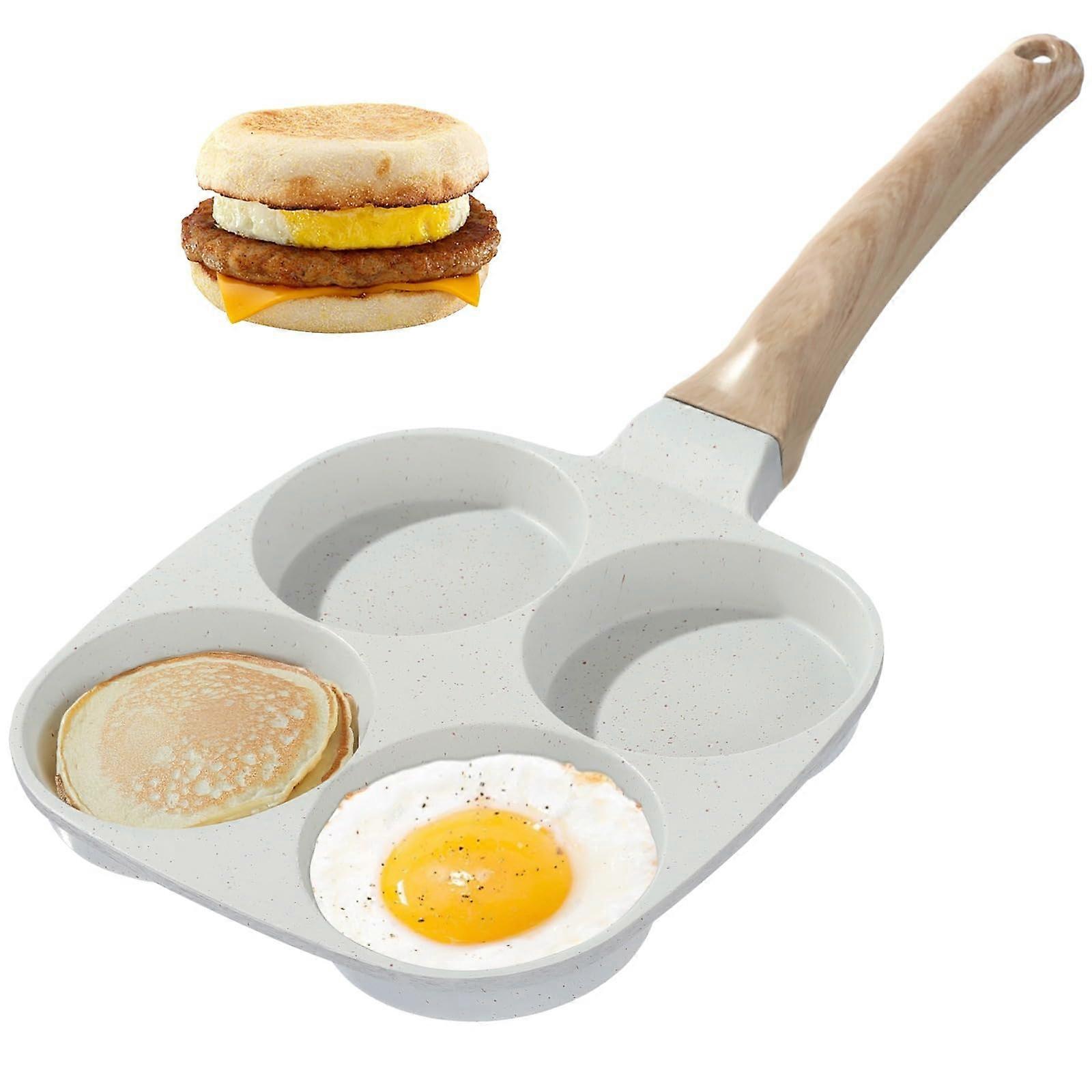 4Cup Egg Frying Pan Nonstick with Wooden Handle, Aluminum Alloy Breakfast Pan for Pancakes