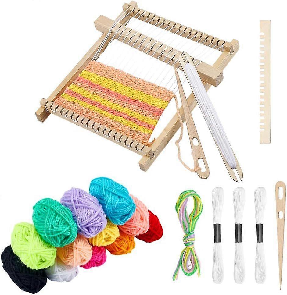 DIY Mini Wooden Detachable Loom Machine with Random Color Yarn and Cord Beech Wood Tapestry Weaving Needle Polycotton Embroidery Threads for Beginners