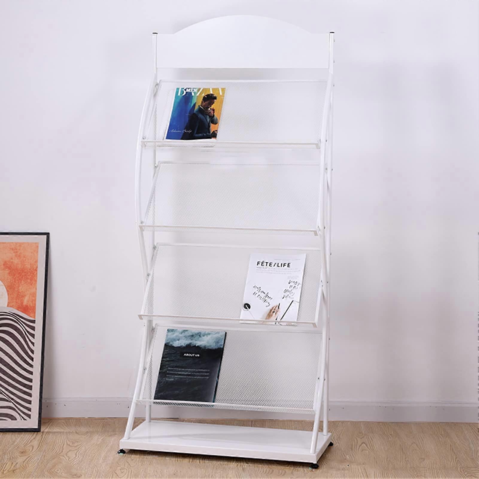 Floor Standing Magazine Rack with 4 Shelves, Metal Brochure Display Stand for Office Events, White