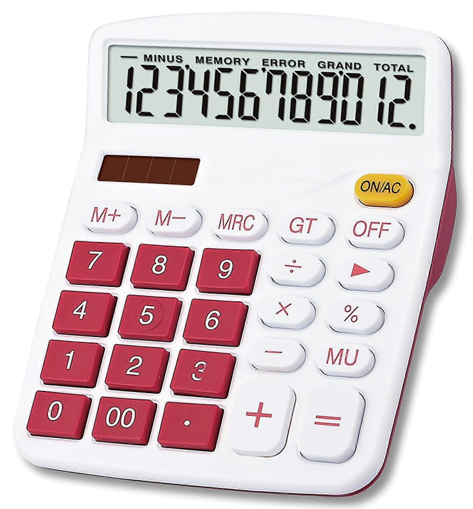 Desktop Calculator 12Digit Large LCD Display Dual Power Solar Battery for Office Home School Red