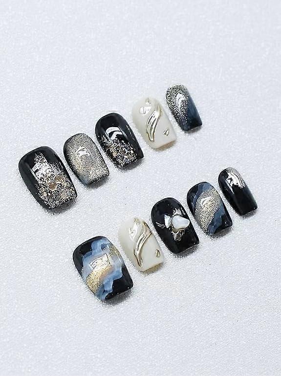 Blue Flame Gold Foil Press On Nails, Reusable Square Shape Fake Nails with Complete Kit, Size M