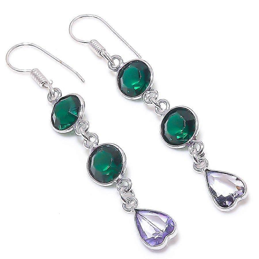 Natural Chrome Diopside,Amethyst Gemstone 925 Sterling Silver Earring 2.44" E1N21