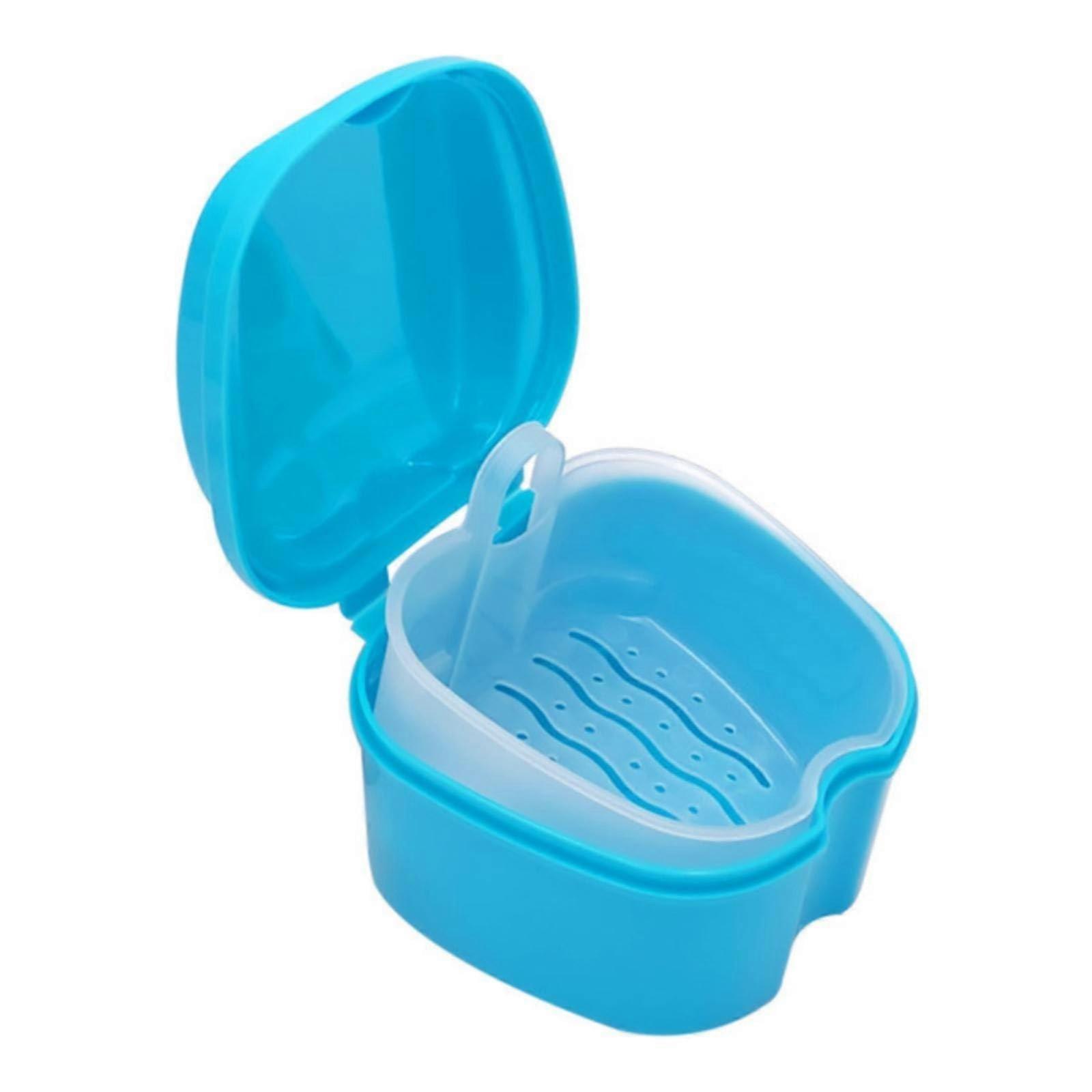 Light Blue Denture Bath Case with Strainer for Easy Soaking and Secure False Teeth Storage