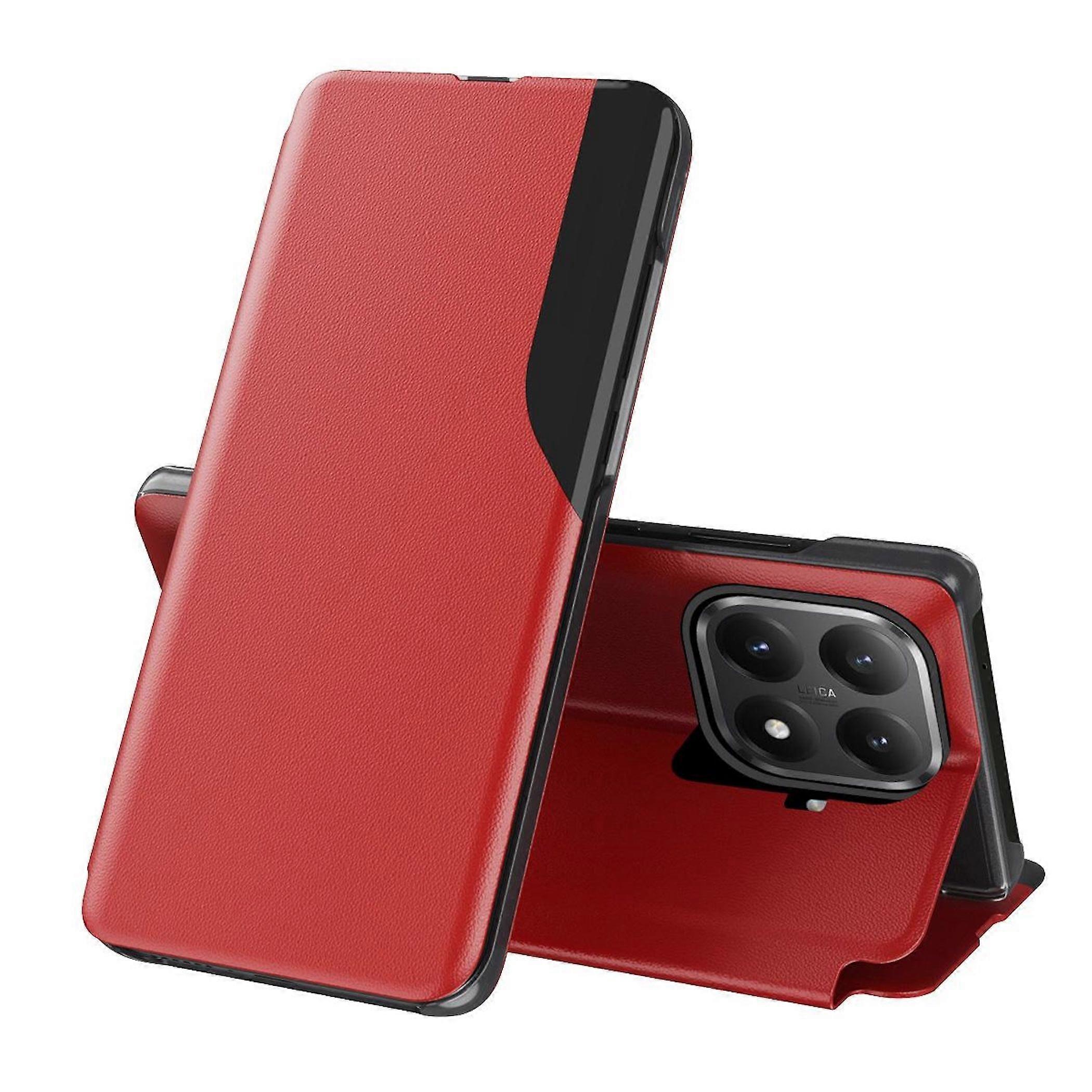 Faux leather case for Xiaomi 15T Pro with flip stand function and side window, red