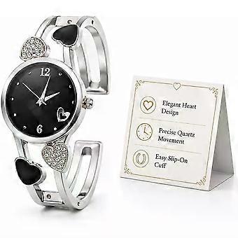 Ladies Silver Bangle Watch-Rhinestone Heart-Shaped Bracelet Watches for Women, Fashionable Silver Cuff Quartz Wrist Watches, Elegant Ladies Bracelet W