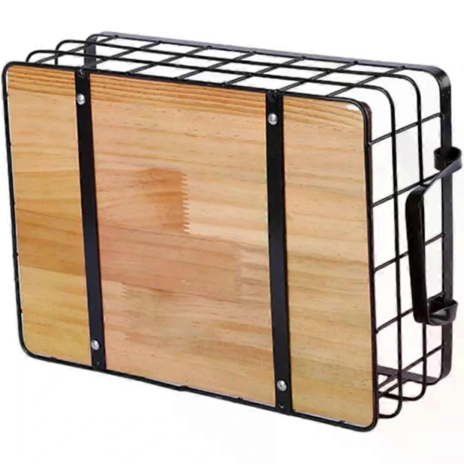 Basket Iron Wood Rectangular with Handles Black