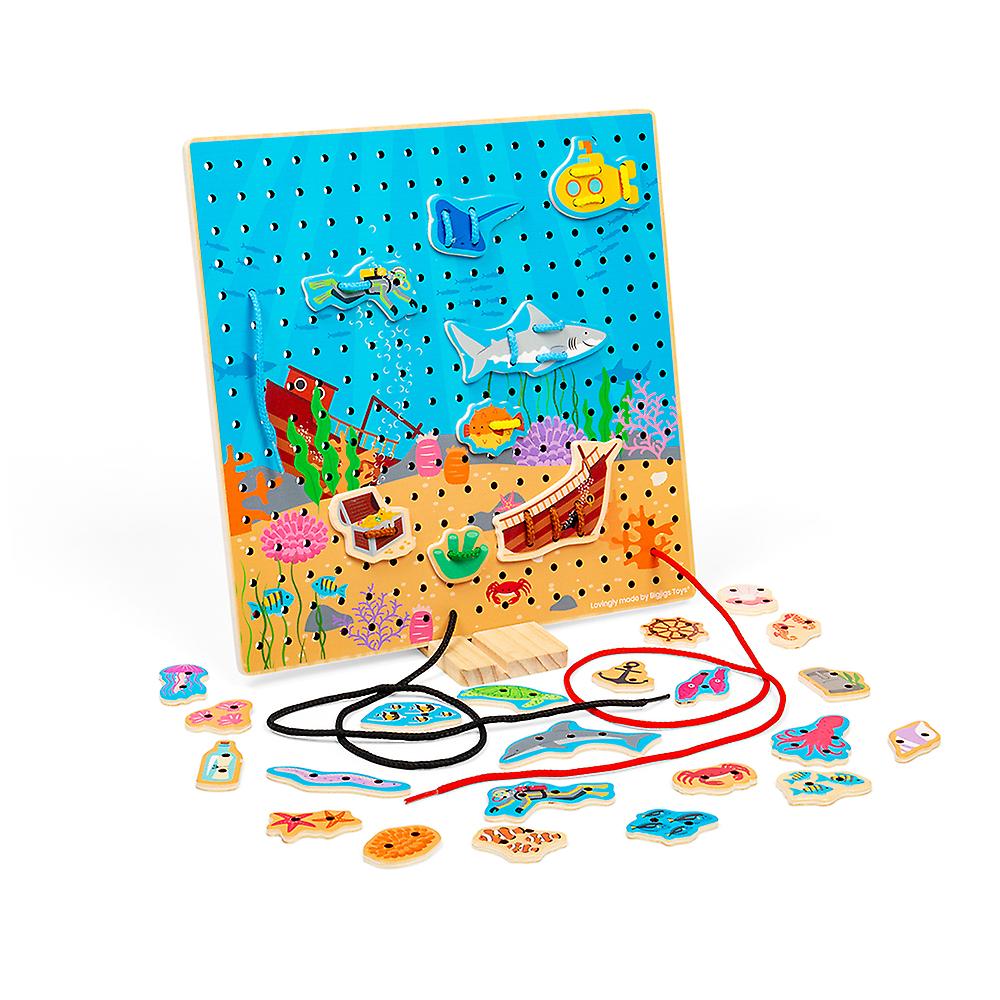 Bigjigs Toys Wooden Marine Lace-a-Shape Game, 30 Geometric Shape Lacing Cards