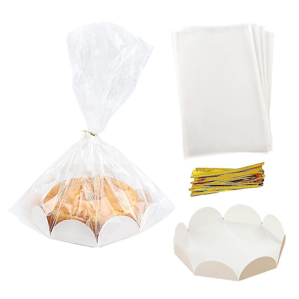 50包透明塑料烘焙袋,适用于面包饼干糖果蛋糕礼品包装,带蛋糕托盘和金丝带U