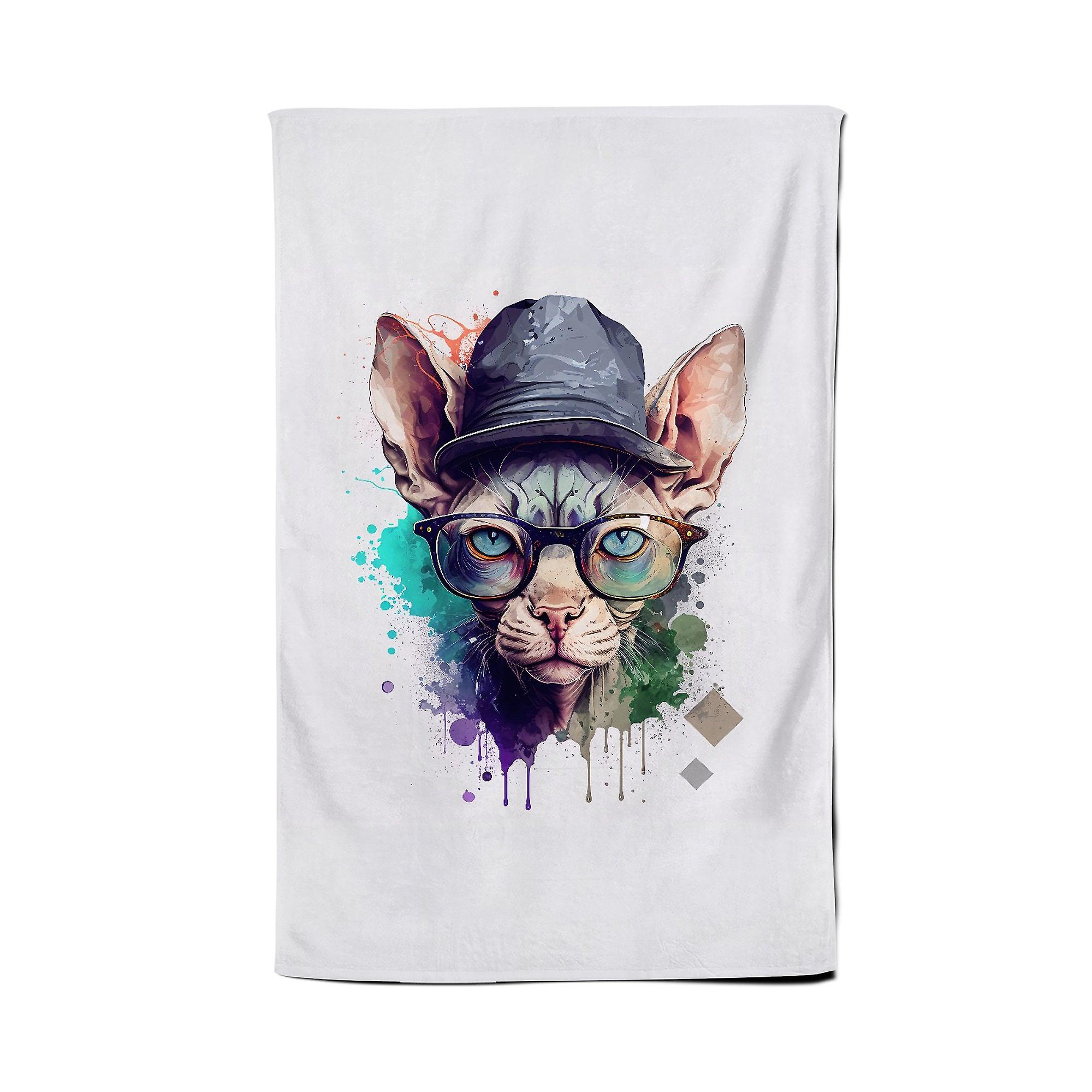 Sphynx Cat Face Glasses And Hat Splashart Tea Towel