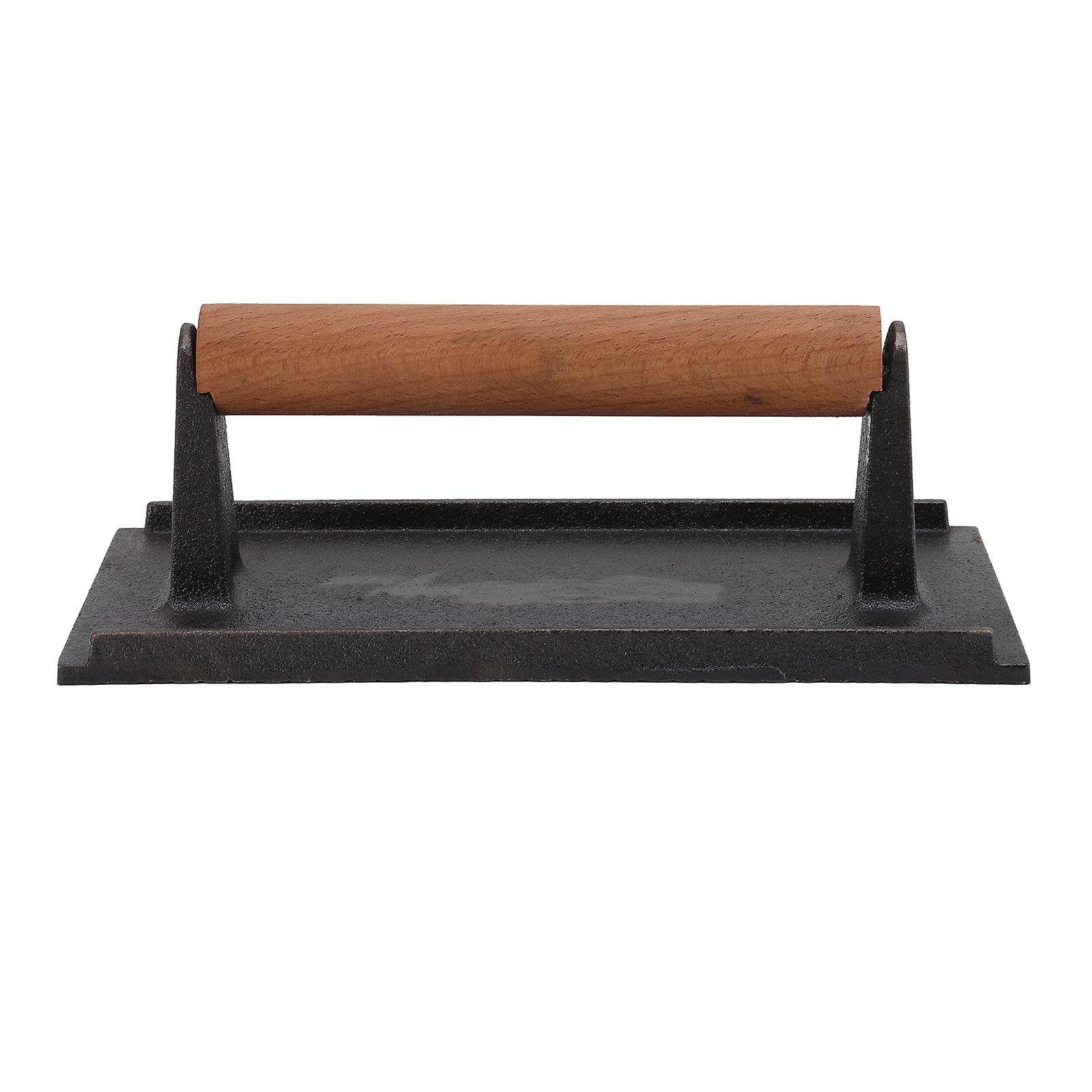 Grill Press Rectangular Bacon Meat Burger Press Cast Iron Grill Press Barbecue Tool with Heat Resistant Beech Handle 10x20CM