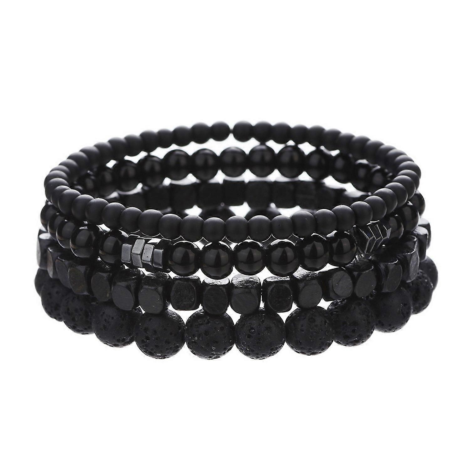 4 Pcs Men Bracelets Natural Stone Black Smooth Elastic Rope Stackable Adjustable Multi-layered Adult