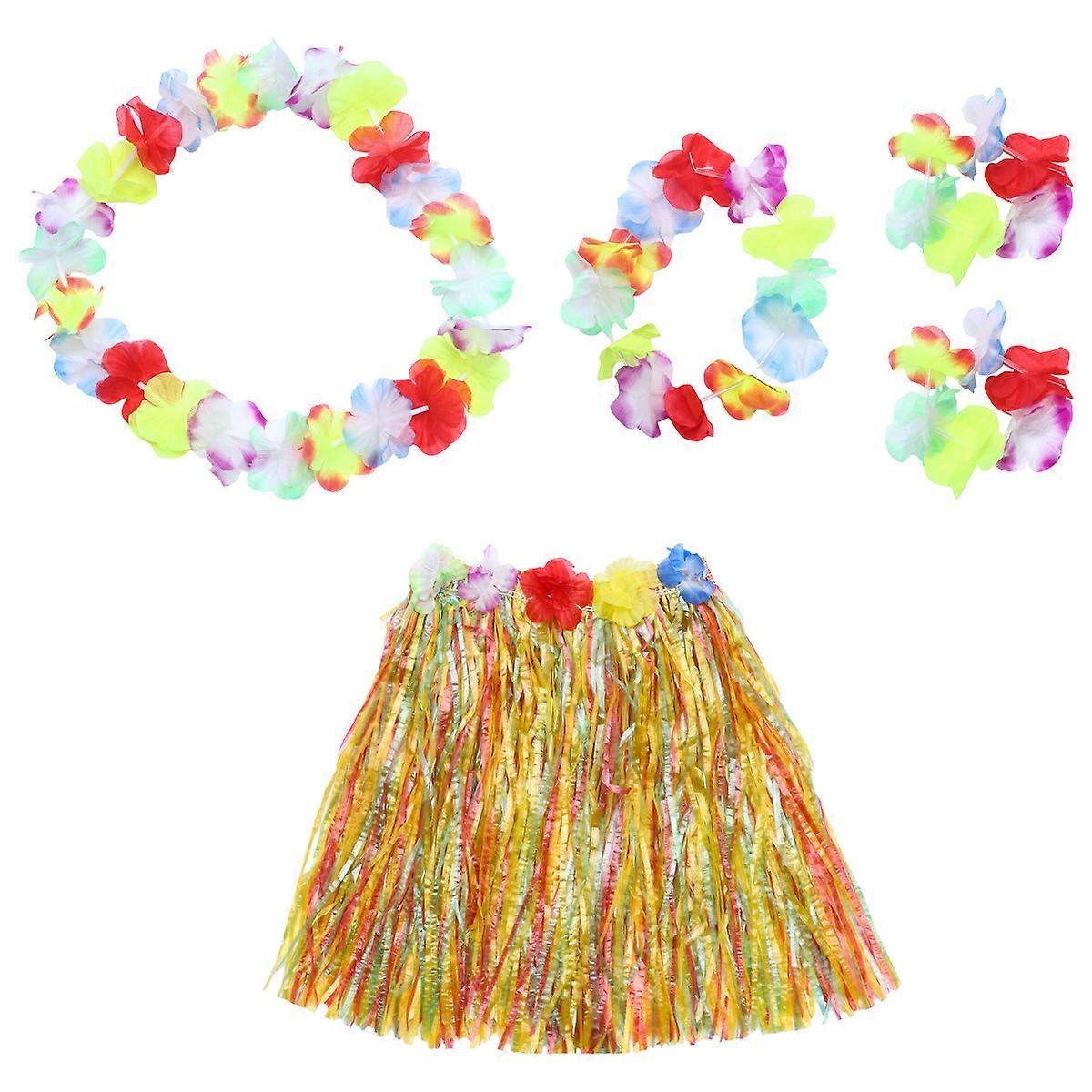 Hawaiian Style Skirt Set Simulation Flower Headdress Bracelets Hanging Garland Party Costume Accessories (Colorful)