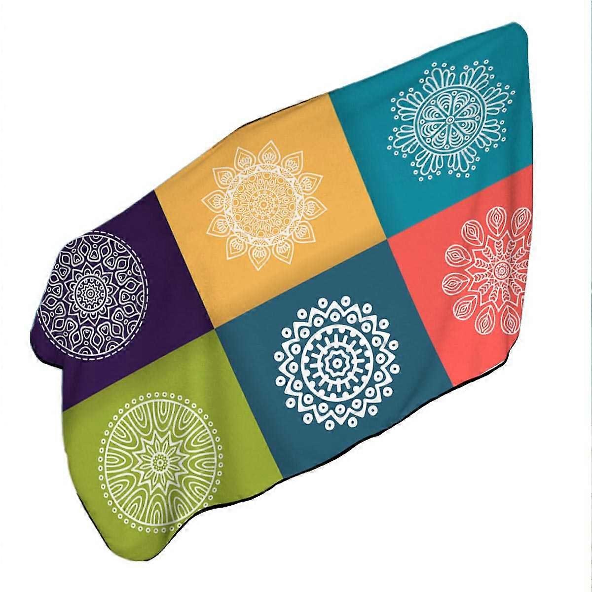 Multi Colored Panel and White Mandalas Microfiber Beach Towel