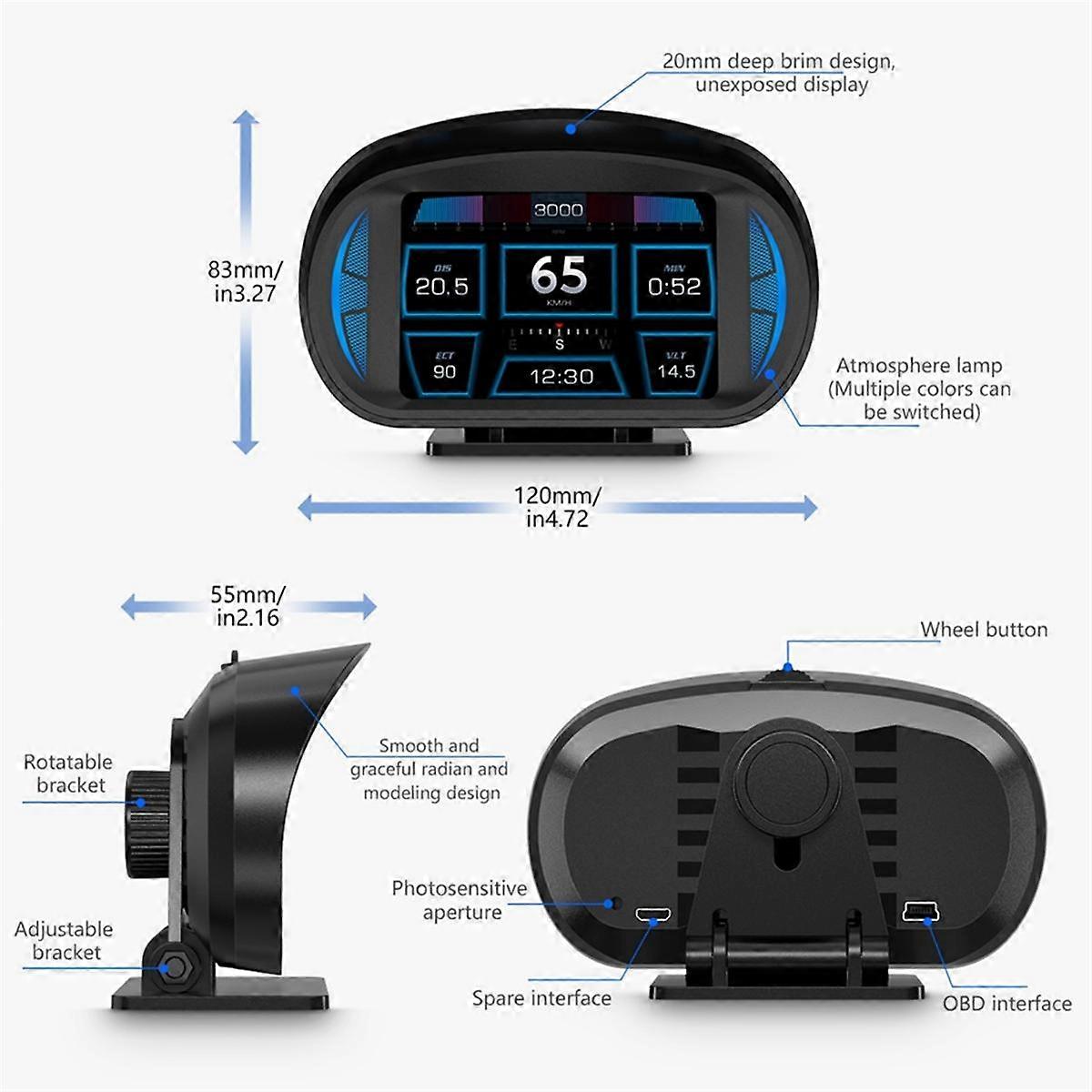 P2 Car HUD Head-Up Display OBD GPS Vehicle Speed and Gradient Meter Water Temperature and Fuel Cons
