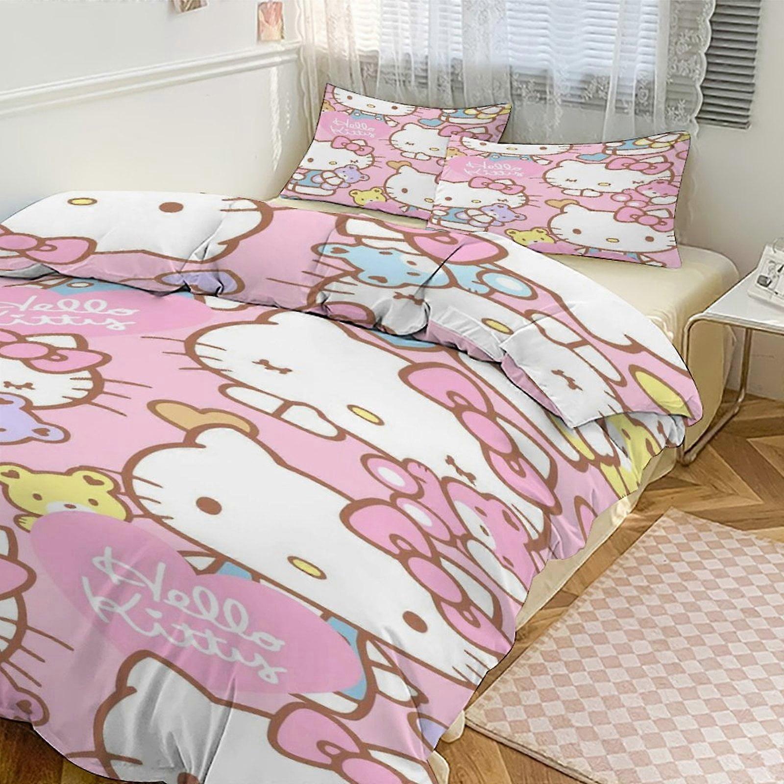 Ez55 Hello Kitty Print Bedding Set Pattern Duvet Cove Set 3 Pieces 1 Quilt Cover And 2 Pillowcases for Women Men Teens Multiple sizes to choose from I