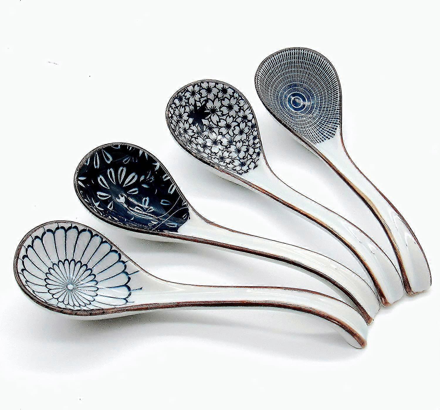 כף מרק אסייתית, כף פו יפנית בגודל 6.4 אינץ 'עם ידית ארוכה למיסו (פורצלן כחול ולבן, 4 יחידות)