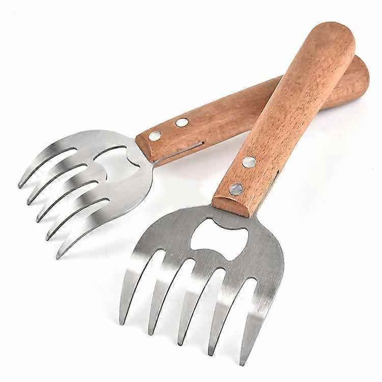 Stainless Steel Meat Claws with Long Wooden Handle - Perfect for Shredding, Pulling, and Carving Meat - 1 Pair