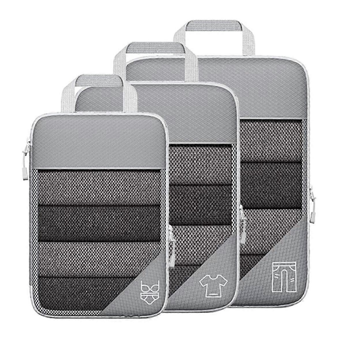 3Pcs Portable Bags Travel Compressible Storage Pouch Set Mesh Visual Luggage Organizer Grey