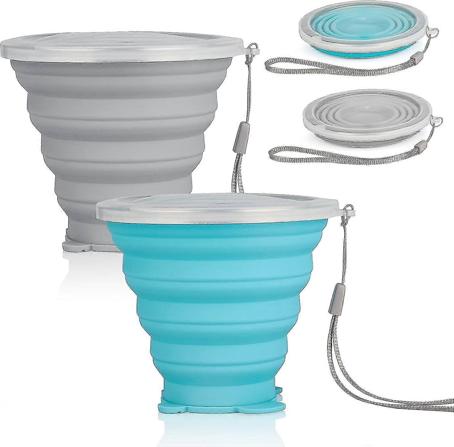 Silicone Foldable Cups, Portable Collapsible Travel Mugs With Plastic Sealing Lid, Space Saving Reusable Retractable Cups For Outdoor Traveling Hiking