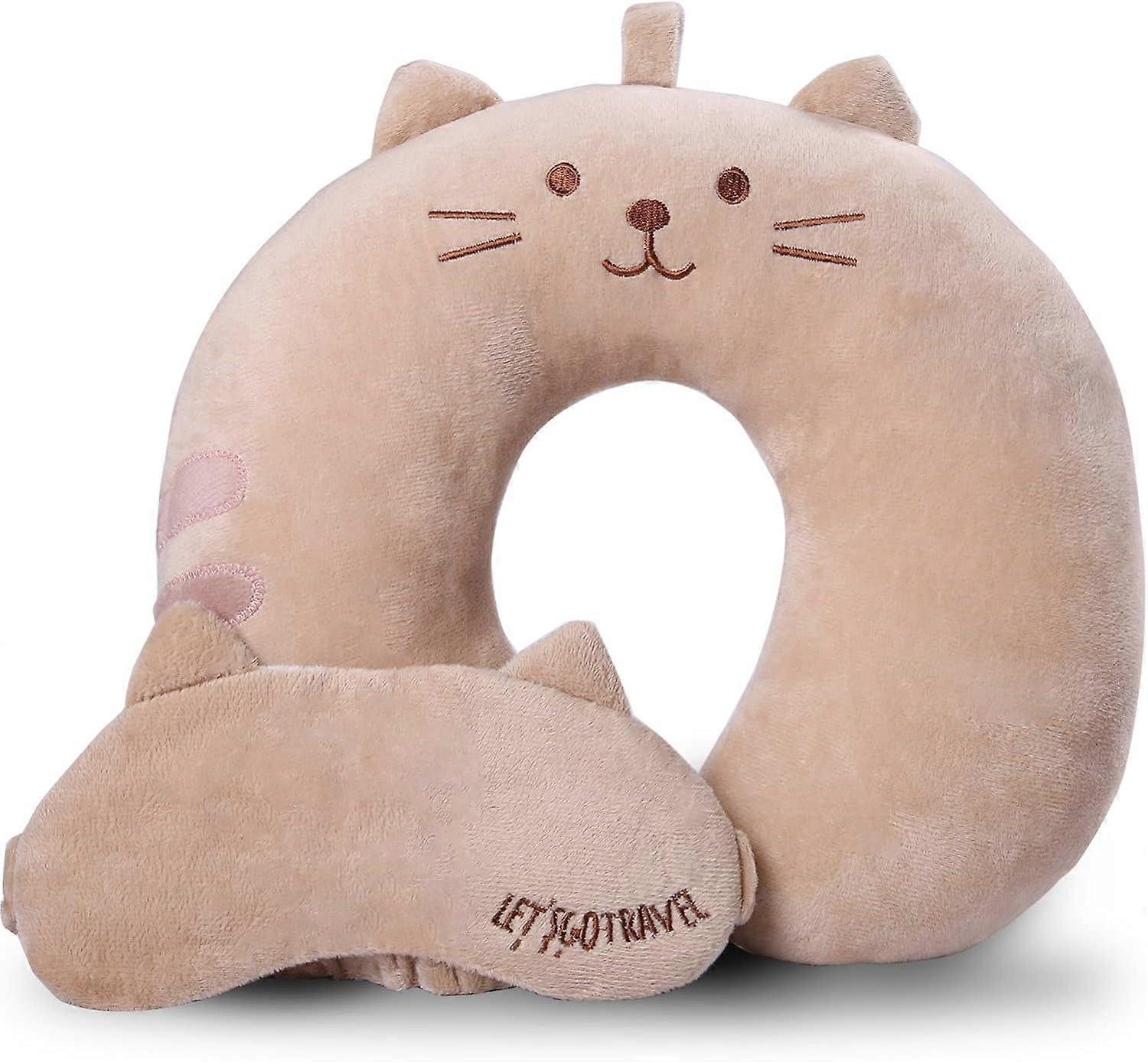 Travel pillow, children's travel pillow, cute travel neck pillow, travel camping soft sleep eye mask, headrest airplane pillow (brown)