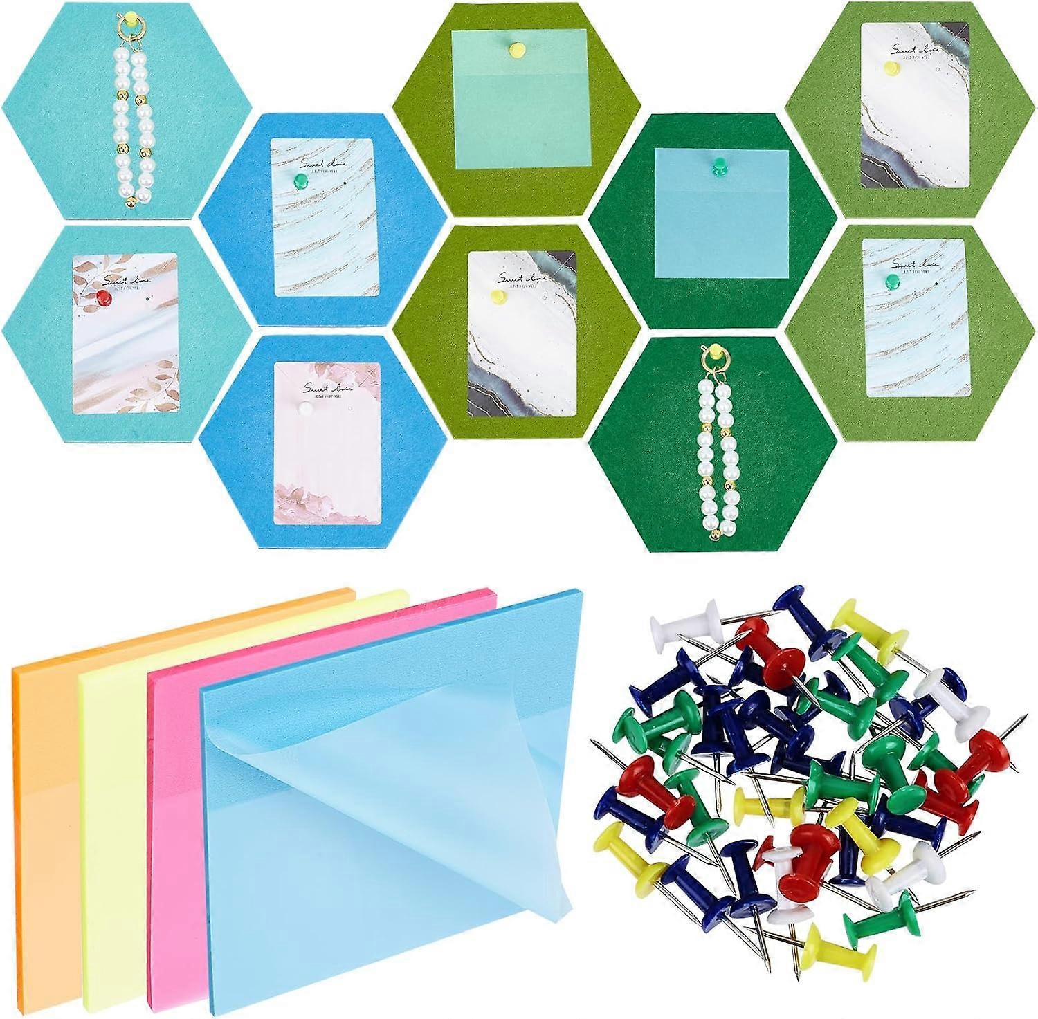 40Pcs Iron Map Pins and 4Pcs Memo Pad Sticky Notes 10Pcs Hexagon Wool Felt Wall Decorations Mixed Color Map Pin: 22.7x8.3mm Note: 75x75mm Felt: 121x14
