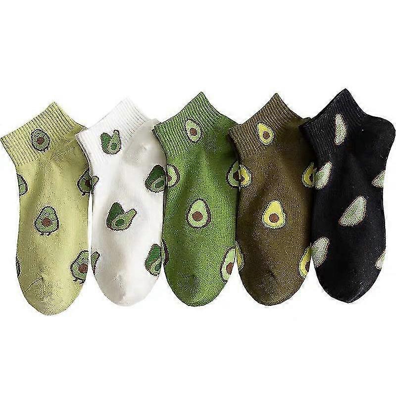 5 Pairs Avocado Short Socks, Sweat-Absorbent Printed Socks, Super Soft Cotton Ankle Socks, Funny Fruit Pattern Low Cut Socks, Breathable Embroidered S