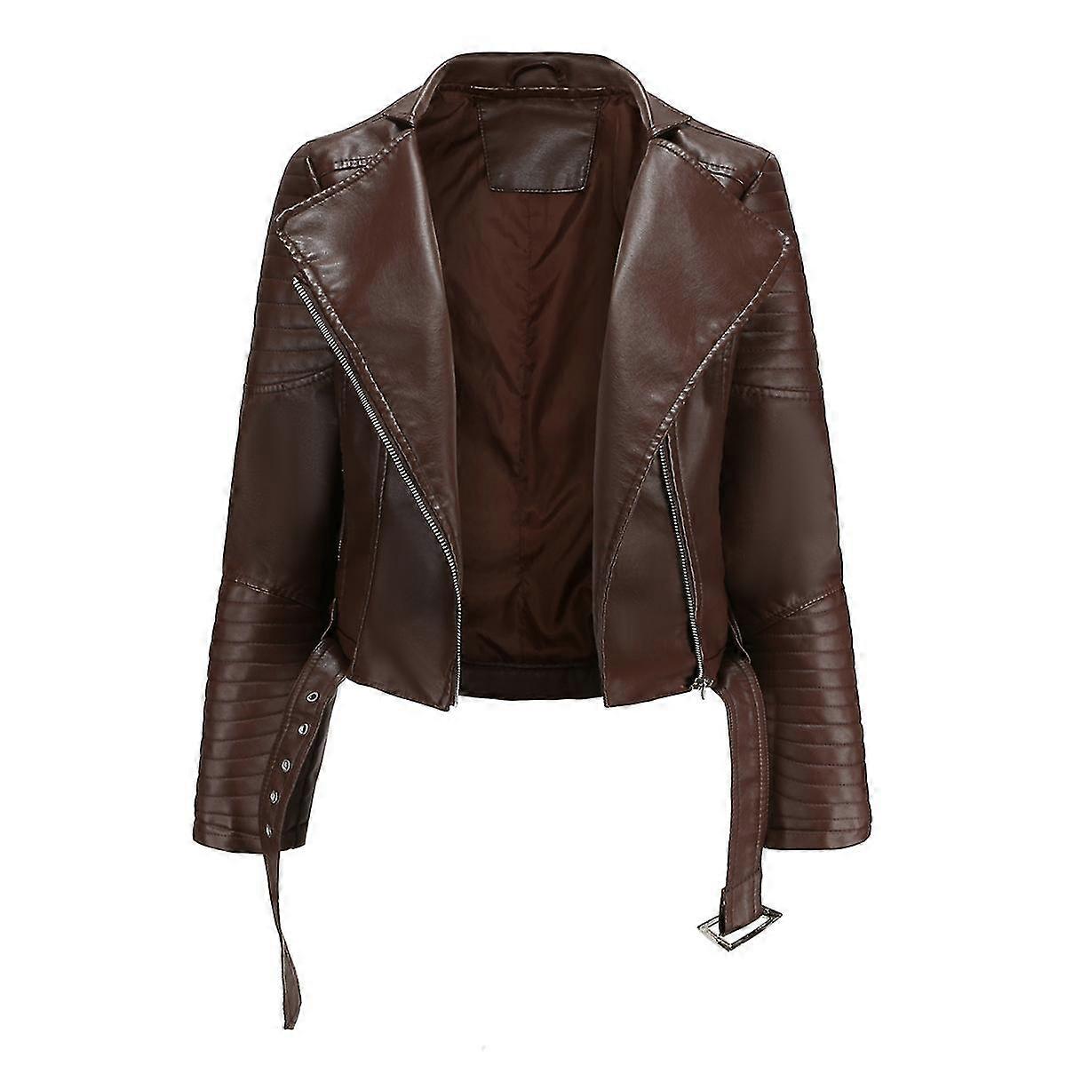 Naiwang Women's Solid Color Simple Slim Short Zip Lace-up Lapel Leather Jacket