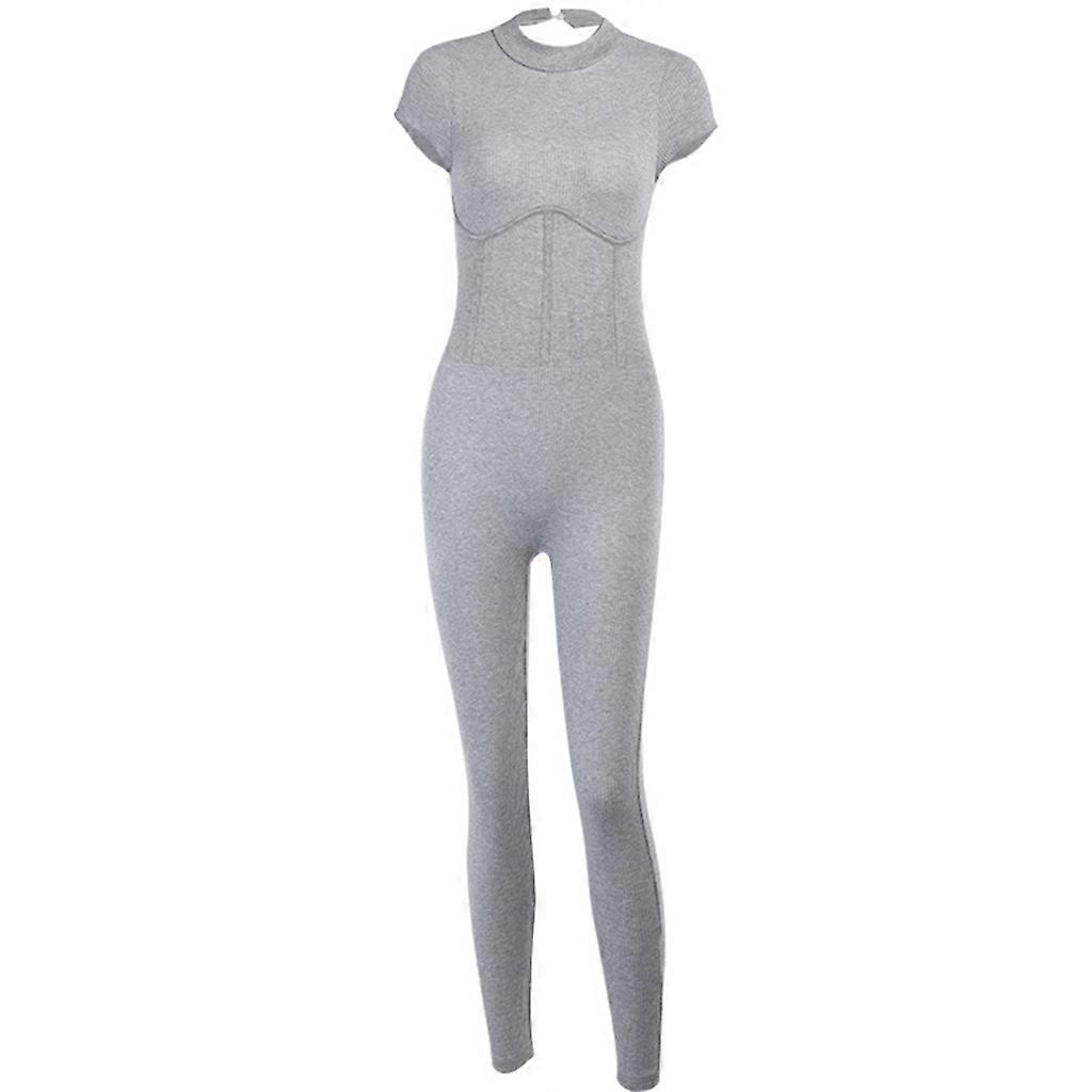 Women Short Sleeve Sexy Backless Jumpsuit Corset Waist Sport Skinny Rompers Ribbed Knitted Leggings O-Neck Workout Active Playsuit