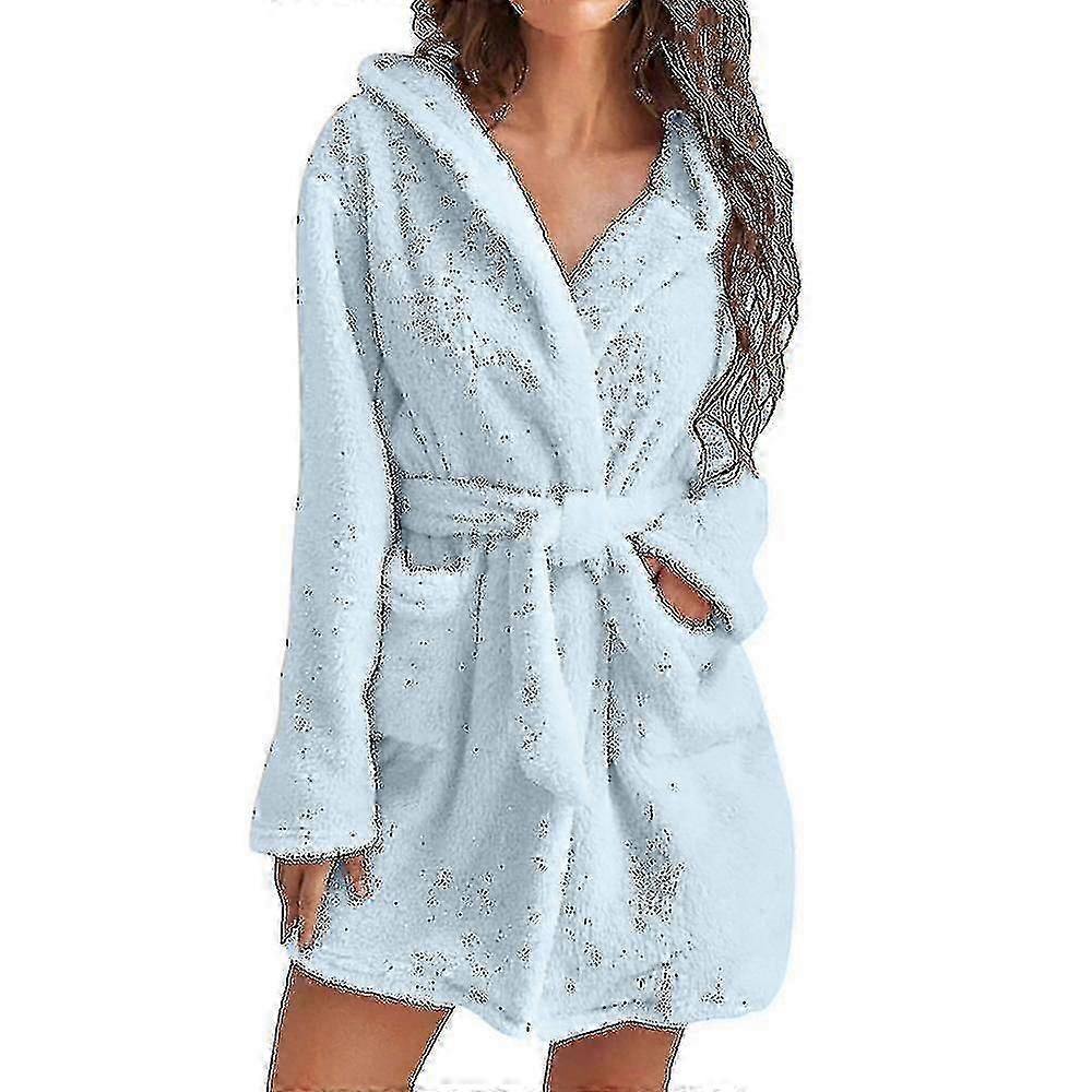 Women Soft Plush Fleece Robe Hooded Mid Length Pocket Bathrobe-sky Blue