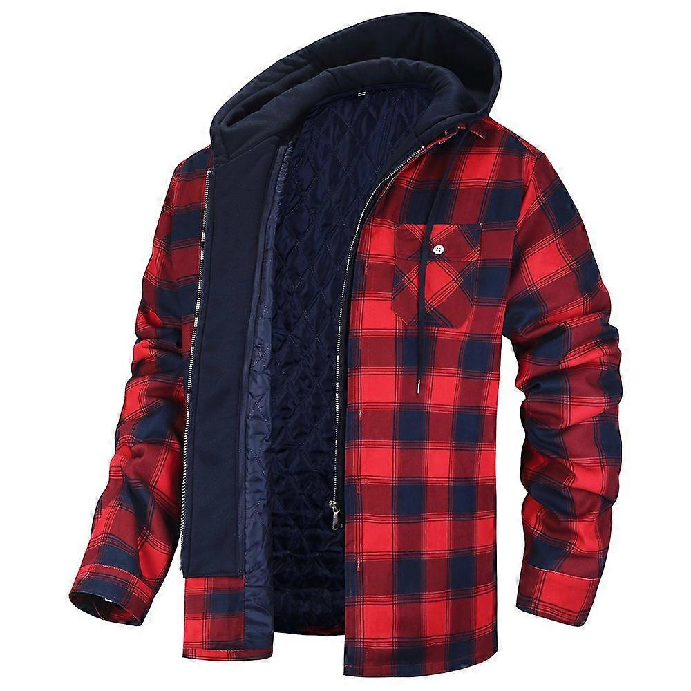 Men's Flannel Jacket with Removable Hood 5 Pockets Plaid Quilted Lined Winter Coats