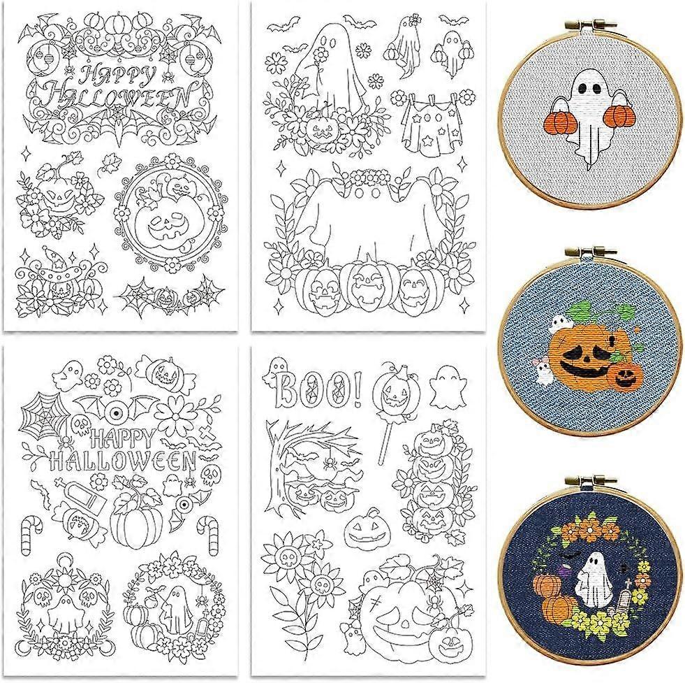 Peacoblue Water Soluble Embroidery Patterns for Beginners Halloween Ghost Face and Pumpkin 4 Sheets with 25pcs Wash Away Embroidery Pattern Stabilizer